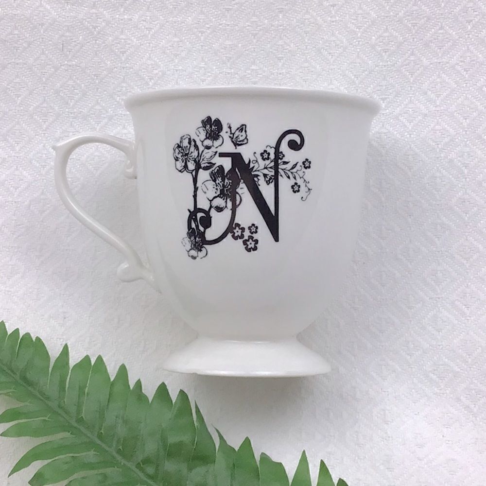 Anthropologie Monogram Initial “N” Script White Pedestal Tea Cup